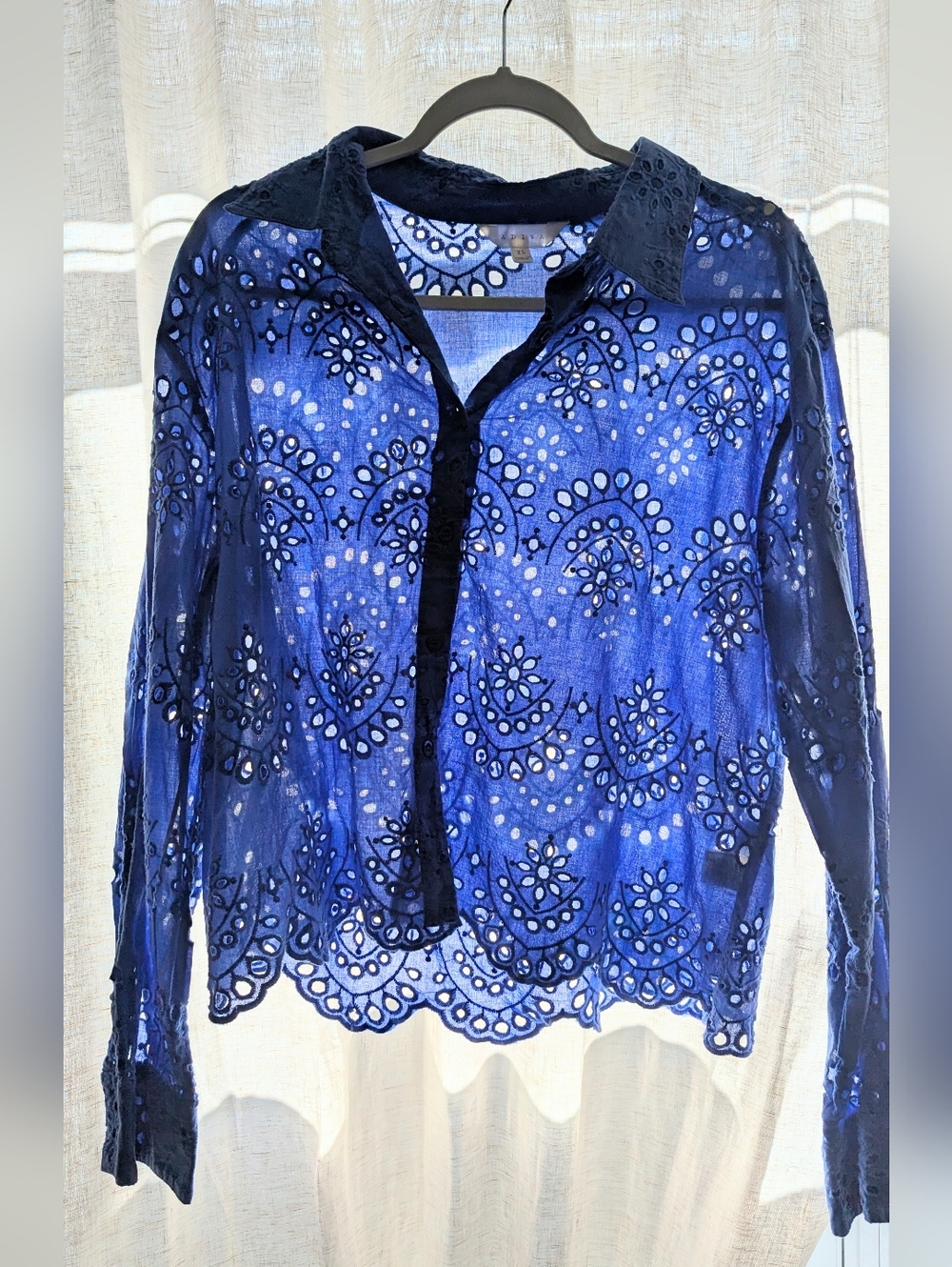 Blue Eyelet Cutout Button Up